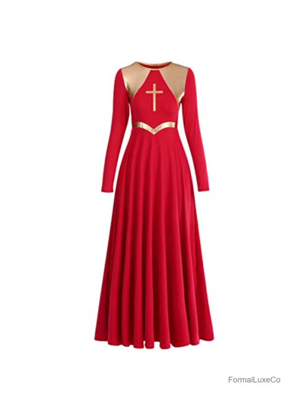 Metallic Cross Praise Dance Dress Long Sleeve Loose Fit Maxi Swing Liturgical